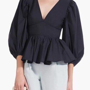 Staud Luna Balloon Sleeve Peplum Top Black Cotton Poplin Size 12 $225